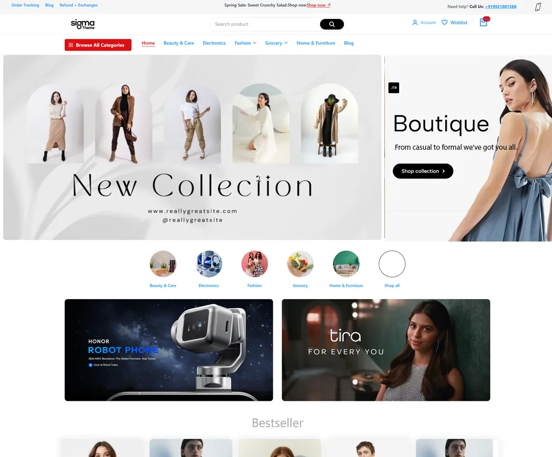 Create an ecommerce website with Webmins - storefront demo Webmins ecommerce website storefront with fashion collections, product categories and shopping cart navigation